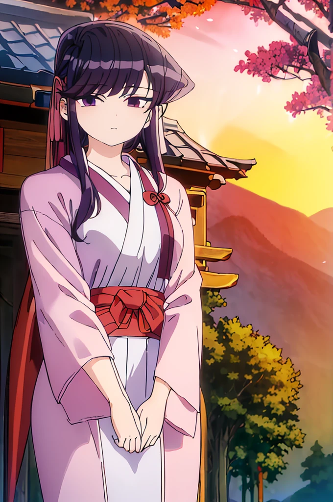 (Best Quality, masutepiece),(1girl in, shrine maiden, coat, Facial expression face, shokokomidef, purple hair, purple eyes, long hair, view front, Walking, Upper body), (Stray Sky at night, Huge old tree behind, Pink petals that shine on the back fall, Shrine behind, mountain background, Blowing wind, Meteor clouds)