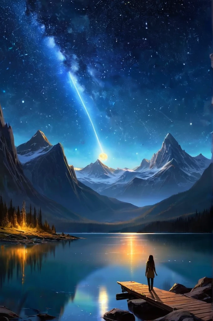 Starry Sky with Mountains and Lake, Jessica Rossier, Inspired by Jessica Rossier, Jessica Rossier Fantasy Art, Concept Art Magic Highlights, Official Artwork, Dream Painting, Ethereal Realm, Atmospheric artwork, dreamy matte paintings, serene endless stars inspired by Ted Nasmith, moonlit starry environments, epic music album covers.