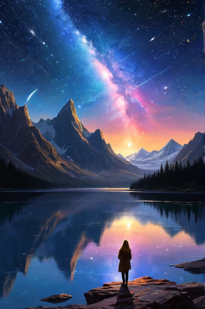 Starry Sky with Mountains and Lake, Jessica Rossier, Inspired by Jessica Rossier, Jessica Rossier Fantasy Art, Concept Art Magic Highlights, Official Artwork, Dream Painting, Ethereal Realm, Atmospheric artwork, dreamy matte paintings, serene endless stars inspired by Ted Nasmith, moonlit starry environments, epic music album covers.