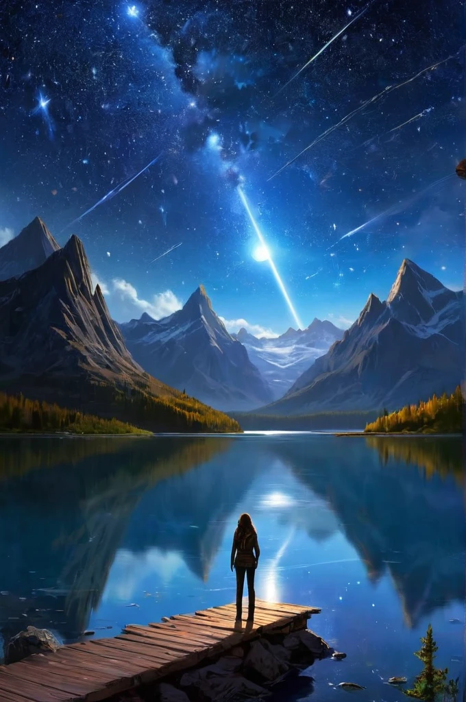 Starry Sky with Mountains and Lake, Jessica Rossier, Inspired by Jessica Rossier, Jessica Rossier Fantasy Art, Concept Art Magic Highlights, Official Artwork, Dream Painting, Ethereal Realm, Atmospheric artwork, dreamy matte paintings, serene endless stars inspired by Ted Nasmith, moonlit starry environments, epic music album covers.