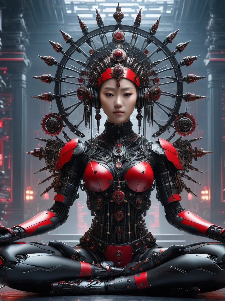 (Imagine:1.3), (full-body shot:1.5), 1 Red Cyberpunk Mechanical Girl, Many hands, meditation, Sitting cross-legged, 做meditation姿势, Wearing an ornate headdress made of black metal parts, Precision mechanical body, Ultra-fine electronic components, Temple Background, Light, musical note hair ornament, Surrealism, Blind box toy styles, Futurism, Concept Art, 发Light主义, 神Light, symmetry, First-person perspective, Ultra wide angle, Ultra HD, Anatomically correct, precise, masterpiece, The award-winning, 8K
