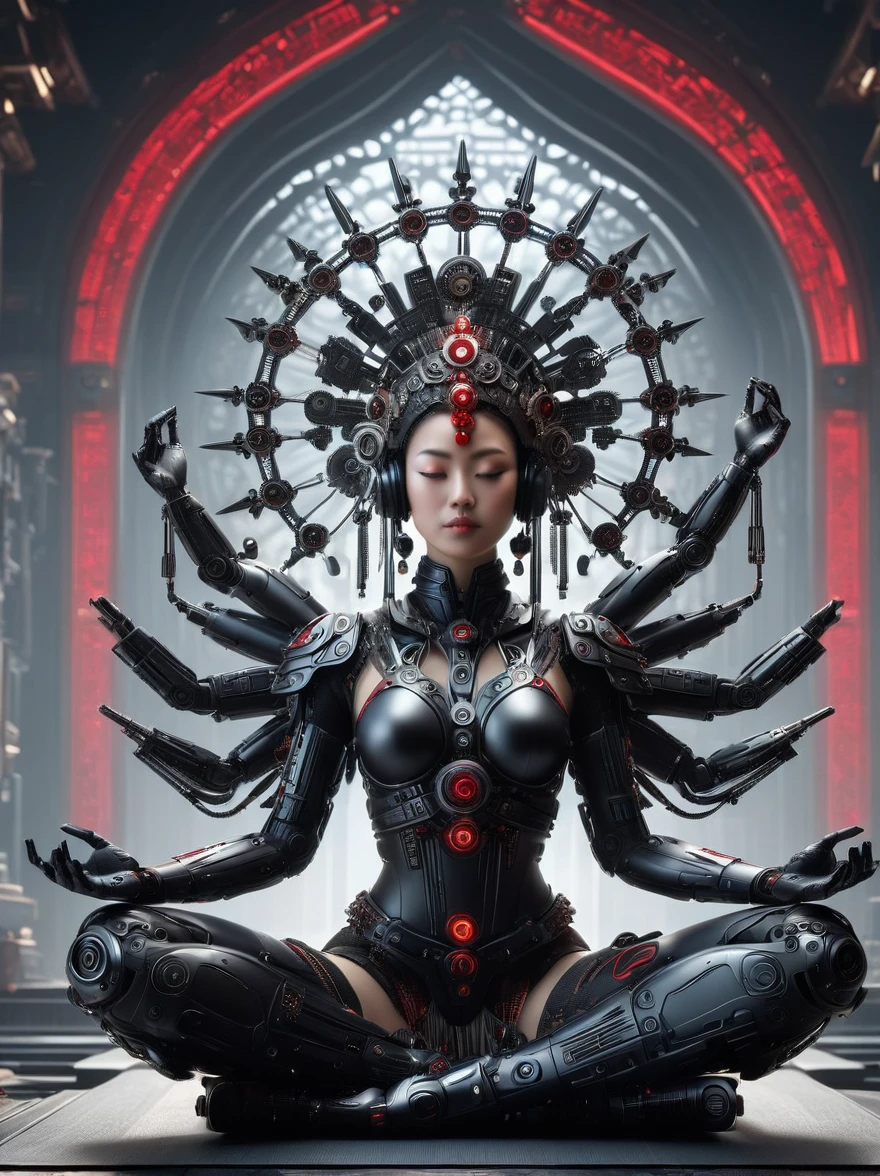 (Imagine:1.3), (full-body shot:1.5), 1 Red Cyberpunk Mechanical Girl, Many hands, meditation, Sitting cross-legged, 做meditation姿势, Wearing an ornate headdress made of black metal parts, Precision mechanical body, Ultra-fine electronic components, Temple Background, Light, musical note hair ornament, Surrealism, Blind box toy styles, Futurism, Concept Art, 发Light主义, 神Light, symmetry, First-person perspective, Ultra wide angle, Ultra HD, Anatomically correct, precise, masterpiece, The award-winning, 8K