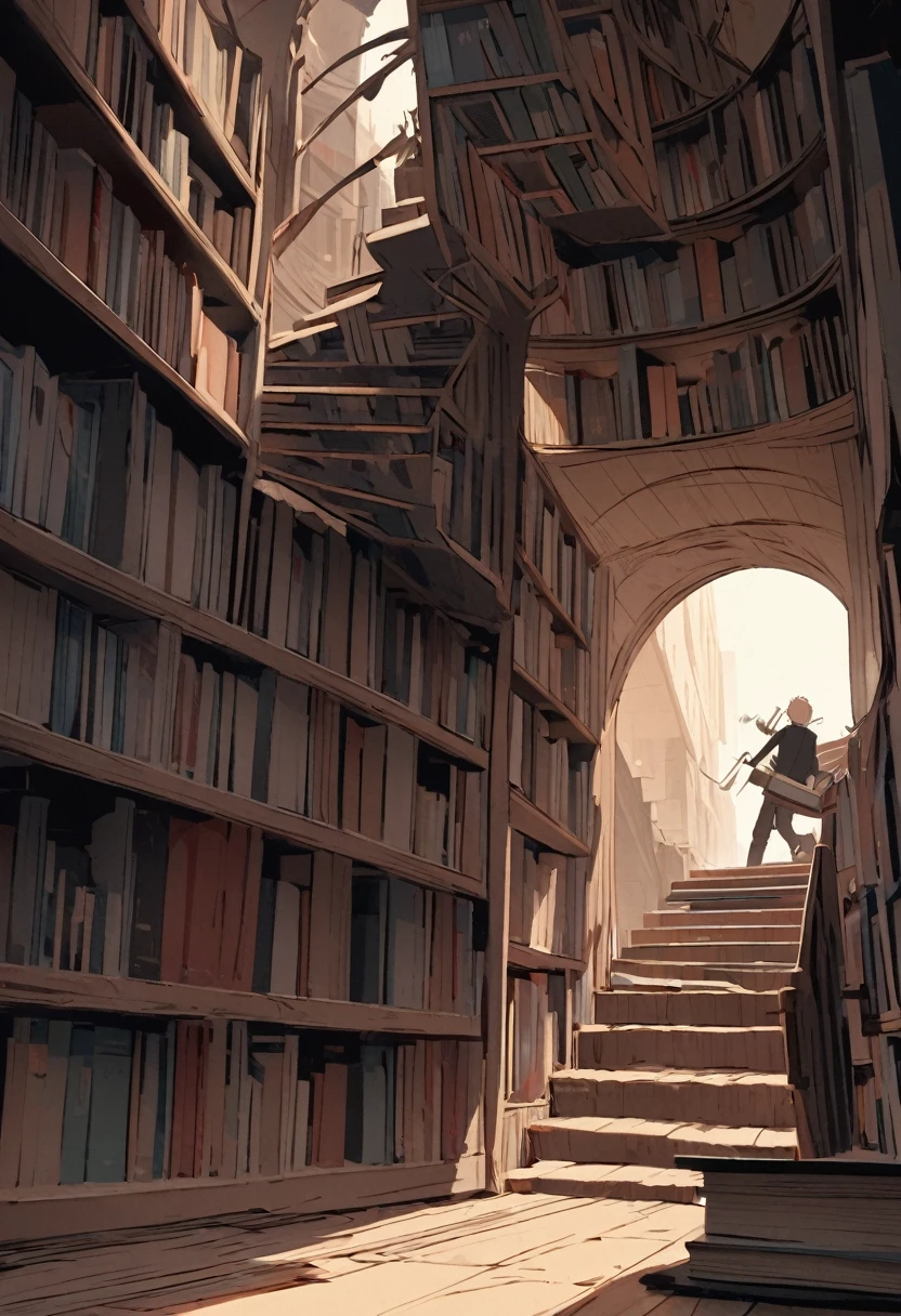 Alex frowns, tugging at the book again, which suddenly triggers a mechanism. A section of the bookshelf creaks and slowly swings open, revealing a dark, narrow staircase leading down.