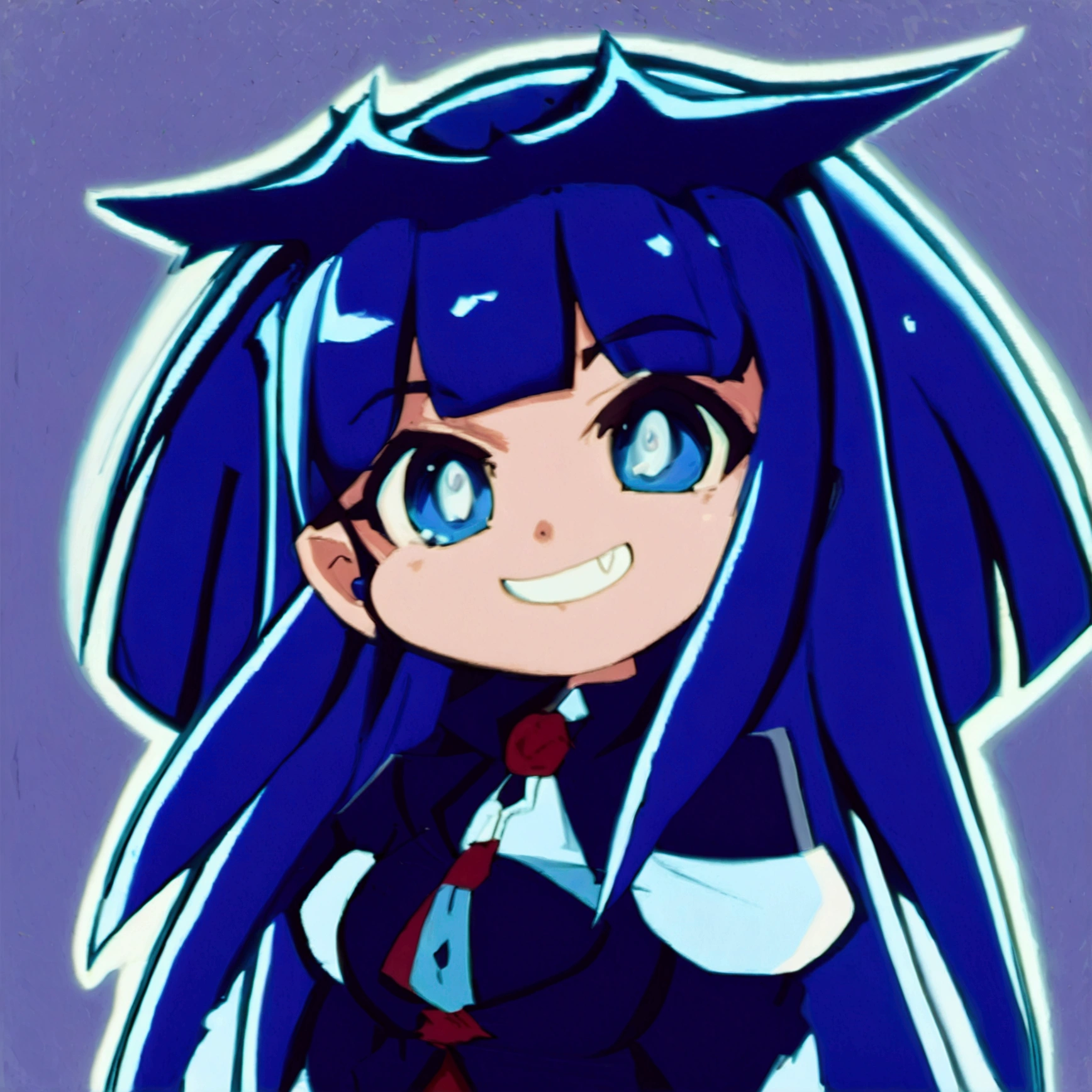 Close-up of a cartoon character with blue hair and blue outfit, anime moe artstyle, 2D anime style, [[[[grinning evilly]]]], , cel - shaded art style, I&#39;ll do fanart too, nasty grin, hero 2d fanart art, chibi, vampire