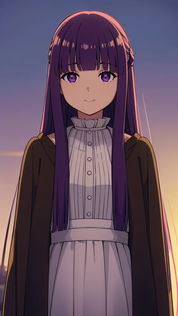 è²ä¼¦,1girl,solo,purple hair,long hair,purple eyes,blunt bangs,sidelocks,half updo,bright pupils, hair ornament,frilled collar,black robe,white dress,center frills,buttons,wide sleeves,long sleeves,curvy,cowboy shot,brown coat,from side,smile,, Exquisite visuals, high-definition,masterpiece,best quality,, 20yo,Young female,Beautiful Finger,Beautiful long legs,Beautiful body,Beautiful Nose,Beautiful character design, perfect eyes, perfect face,expressive eyes, looking at viewer, official art,extremely detailed CG unity 8k wallpaper, perfect lighting,Colorful, Bright_Front_face_Lighting,shiny skin, (masterpiece:1.0),(best_quality:1.0), ultra high res,4K,ultra-detailed, photography, 8K, HDR, highres, absurdres:1.2, Kodak portra 400, film grain, blurry background, bokeh:1.2, lens flare, (vibrant_color:1.2), (beautiful_face:1.5),(narrow_waist), 