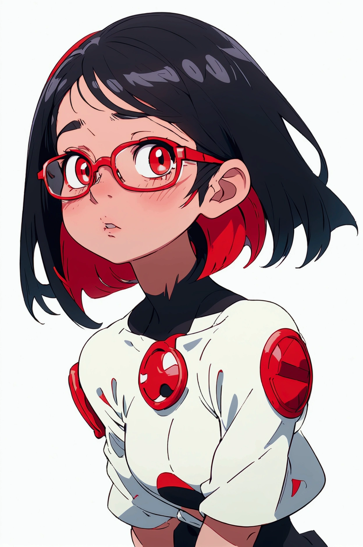 Sexy girl with bob cut wears glasses, white background, black eyes, face waiting for kiss, white skin, big breasts, looking up, black hair, Body facing forward, bare shoulders, highlighting breasts, parted lips, red cheek, half body, There are eyes on the forehead