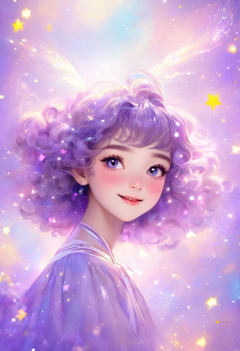 ((work of art)), (best qualityer),, offcial art, Kizi, short hair with curly bangs, curls, smiling, fly away, glad, pretty, bow, Caucasian skin, skin fair, adolescent, magica, mystical, magical world, bts, Bangtan, galaxy, spots on the face, little Princess, magica, light purple, Youngh.