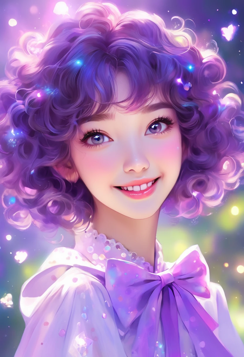 ((work of art)), (best qualityer),, offcial art, Kizi, short hair with curly bangs, curls, smiling, fly away, glad, pretty, bow, Caucasian skin, skin fair, adolescent, magica, mystical, magical world, bts, Bangtan, galaxy, spots on the face, little Princess, magica, light purple, Youngh.