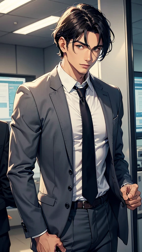 Please draw a handsome man in his 20s. He has a sharp jawline and high cheekbones, with large, shining eyes and a charming smile. His hair is medium to short in length, naturally black or dark brown, styled slightly tousled. He has a lean but muscular build, appropriately toned and fit.
His fashion is modern and refined, but he wears no accessories. He is a regular office worker in his 20s. On weekdays, he wears suits or business casual attire, including jackets, shirts, and slacks. On weekends, he enjoys a simple casual style. He has a clean and confident appearance.