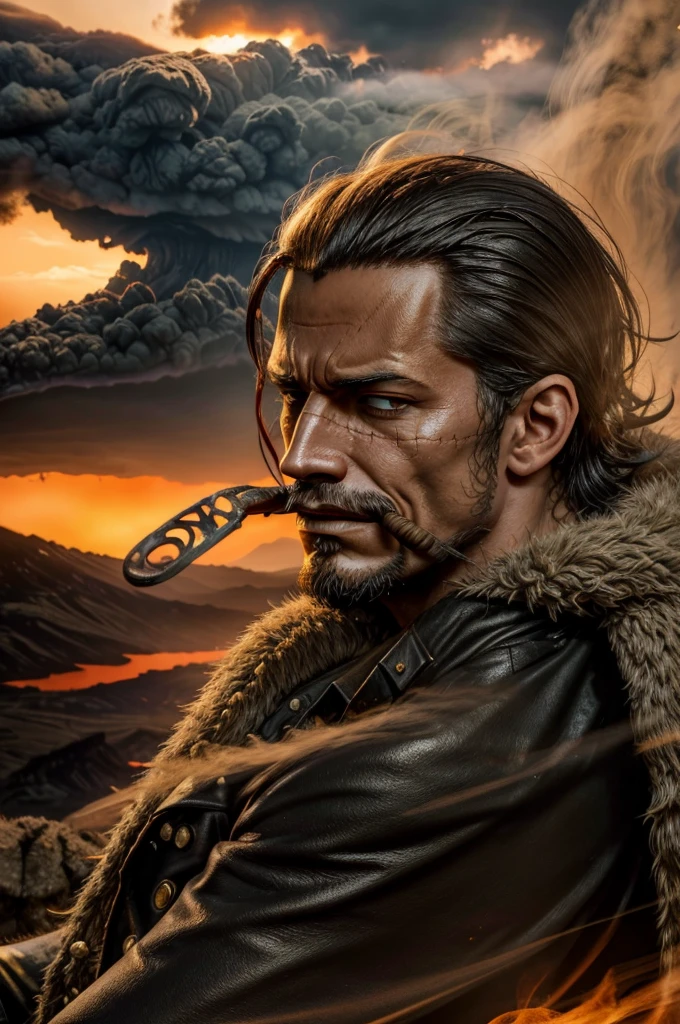 masterpiece, best quality, extremely detailed, hyperrealistic, photorealistic, a cool 40s man, ultra detailed face:1.2, fur-trimmed coat, scarf around the neck, his left hand is a golden pirate hook:1.1, cigar, skydiving:1.1, flying, floating, aerial view shot, volcanic island, giant volcano, smoke rising up to the sky, magma raging, rimson lava flowing, fiery glow illuminating the surroundings, ominous atmosphere