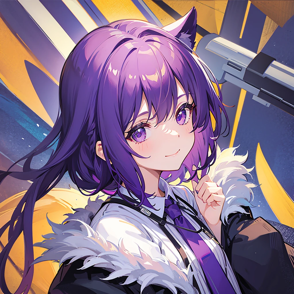 small girl with cold eyes and smiling face with purple hair