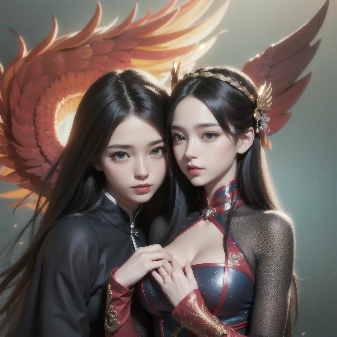 1 Beautiful fairy woman, In the Dark: 1.6), surreal female portrait by David Hockney and Alphonse Mucha, fantasy art, korea doll, photorealism, dynamic lighting, artstation, poster, volumetric lighting, very detailed faces, 8k ultra, all body, Awarded, in the dark, deep shadow, low key, cowboy lens, (Red phoenix dress: 1.4), long hair, black hair, bust, luxurious palace, Royal style,fairy woman crown, Big round black eyes, style Royal, The most beautiful face, big and regular breasts, Super realistic, chinese women's clothing, polo neck sweater, Charming smile, The eyes are very well made up, guweiz, hanfu, Ancient style, loong, forehead mark, upper body,