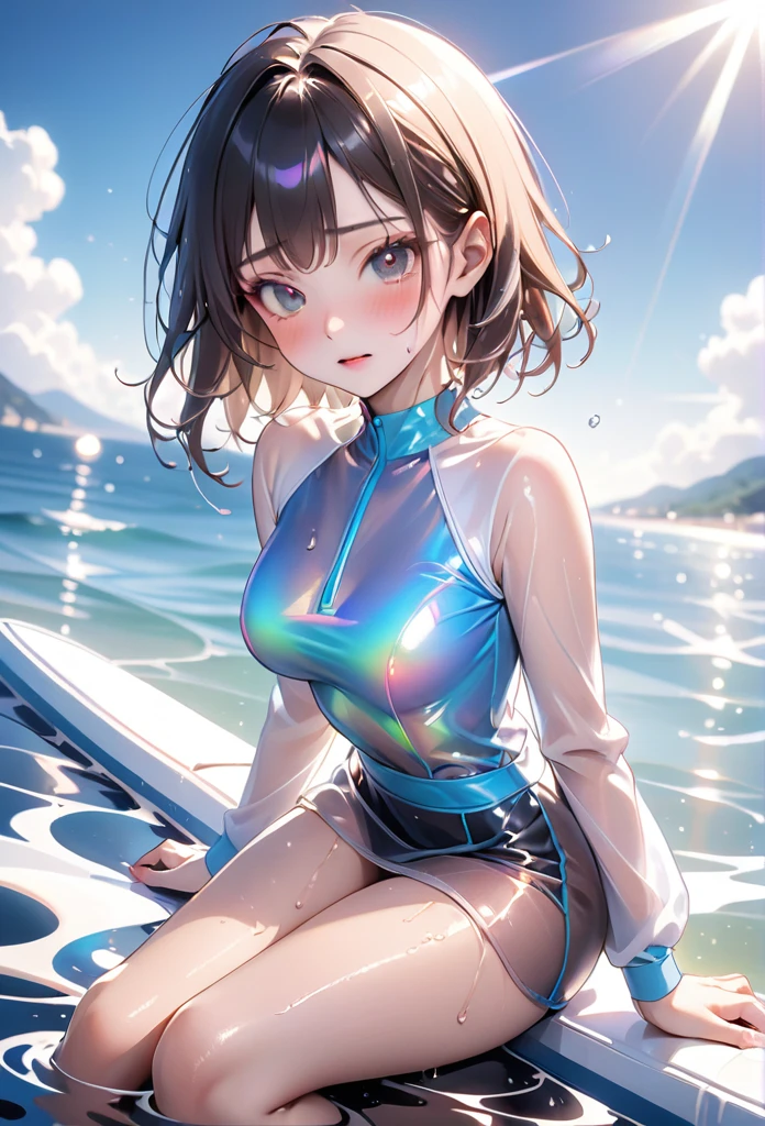 ((Lying on a rubber floating on the sea)), ((rash guard)), ((swimsuit sides see-through)), (((The swimsuit is a vivid color))), ((Mesh mini skirt)), liulixl, iridescence, organza,, skindentation, skinny, solo, 1 woman, Masterpiece, highest quality, highest quality, 16K, incredibly absurd, highly detailed, 2.5D, ai-generated, delicate and dynamic, very delicate facial expressions, delicate eye depiction, erotic, only sexy woman, ((A cute and kind face)), healthy figure, 25-year-old woman, bride, 160cm tall, medium firm swaying bust, (dark hair), black eye, blush, Sweat,Embarrassed,sexy, ((thin thighs)), (camel toe:0.8), (Erect nipples:0.7), ((shiny and lustrous)), facing straight at viewer, ((brown black skin)), ((Oily_skin)), sweaty skin, wet skin, (suntan), dutch angle, ((sexy pose)), Dynamic poses, ((Summer Sea)), Strong sunlight, ((sexy pose)), ((Lying)), ((On the open sea)), Knee Up,