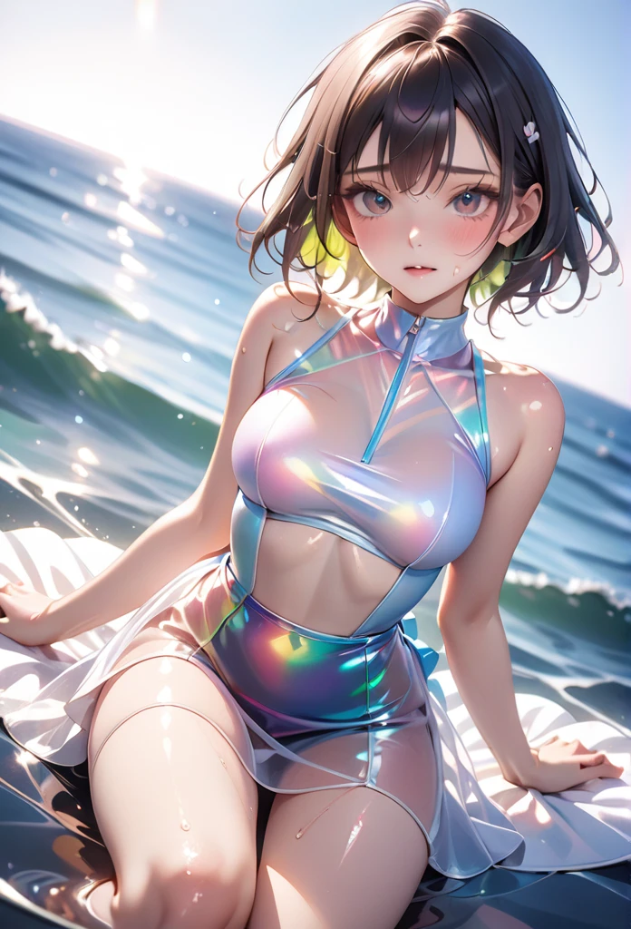 ((Lying on a rubber floating on the sea)), ((rash guard)), ((swimsuit sides see-through)), (((The swimsuit is a vivid color))), ((Mesh mini skirt)), liulixl, iridescence, organza,, skindentation, skinny, solo, 1 woman, Masterpiece, highest quality, highest quality, 16K, incredibly absurd, highly detailed, 2.5D, ai-generated, delicate and dynamic, very delicate facial expressions, delicate eye depiction, erotic, only sexy woman, ((A cute and kind face)), healthy figure, 25-year-old woman, bride, 160cm tall, medium firm swaying bust, (dark hair), black eye, blush, Sweat,Embarrassed,sexy, ((thin thighs)), (camel toe:0.8), (Erect nipples:0.7), ((shiny and lustrous)), facing straight at viewer, ((brown black skin)), ((Oily_skin)), sweaty skin, wet skin, (suntan), dutch angle, ((sexy pose)), Dynamic poses, ((Summer Sea)), Strong sunlight, ((sexy pose)), ((Lying)), ((On the open sea)), Knee Up,