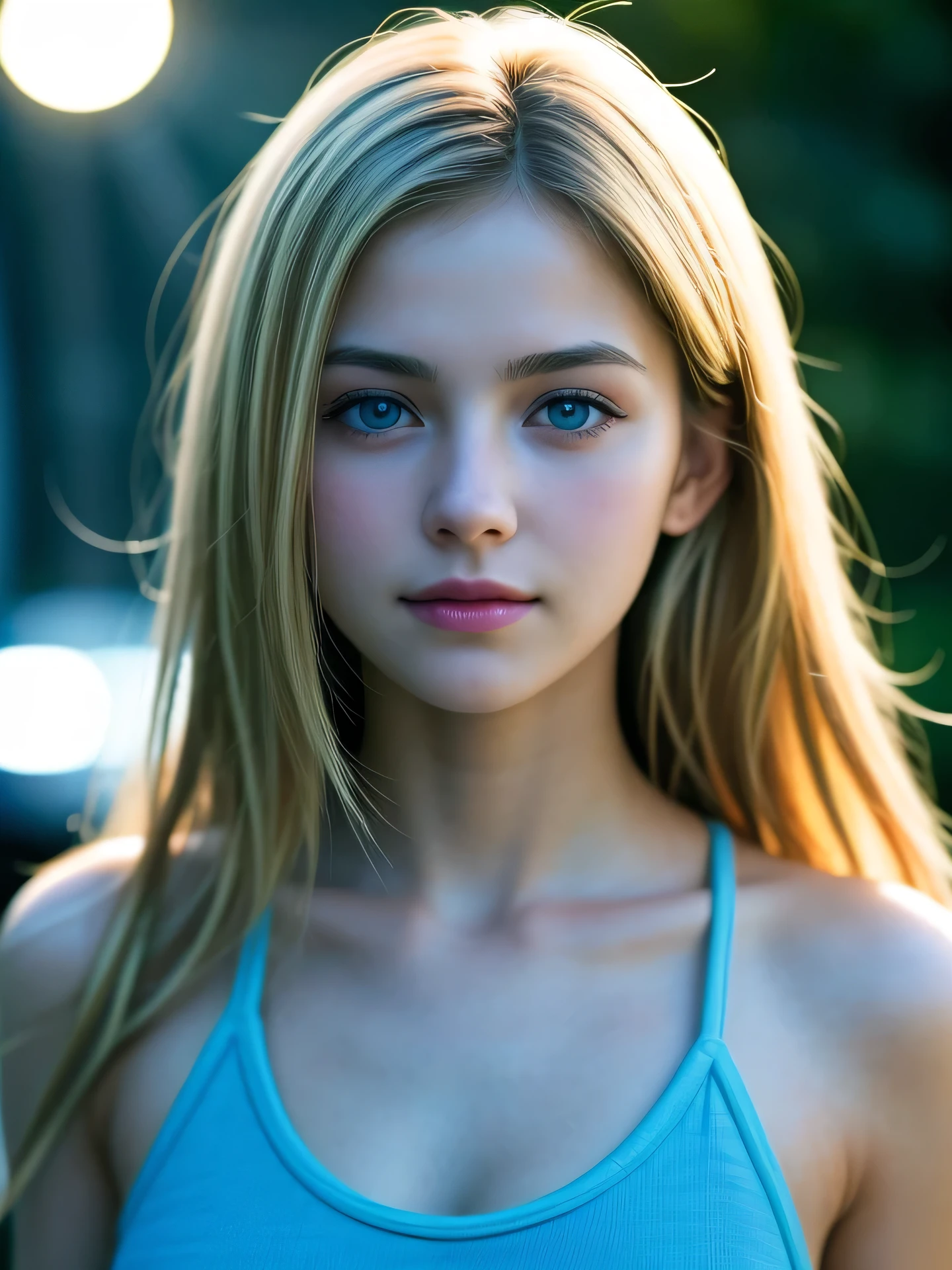 (Photo Real:1.4), (hyper realisitic:1.4), (Smooth lighting:1.05), 1 girl, teenager, blue eyes, happy, shy, smile, (looking away:1.2), Close-up of the face, Soft lighting, Back lighting, (Finest Real Textured Skins), Super fine face, glowy skin, retinas, Anatomically correct, (Blonde Wavy medium hair:1.1), Textured skin, High quality, high details, Best Quality, High resolution, tank top