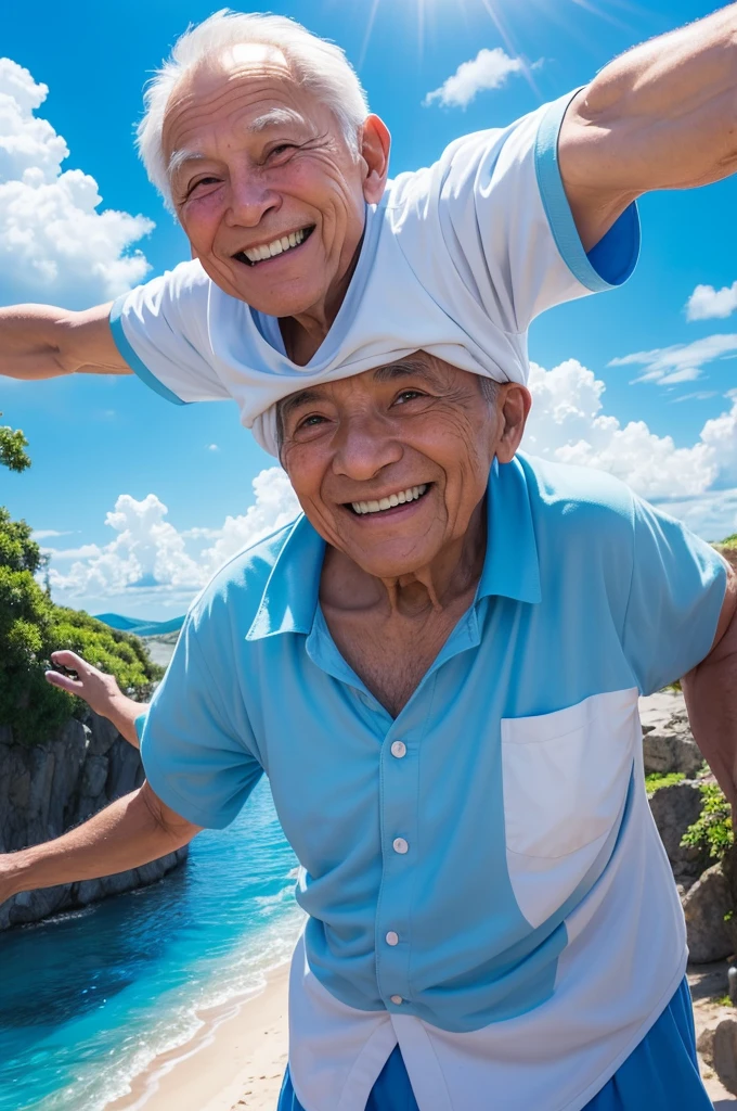 Create an image in a magical world with vibrant colors, radiant blue sky. in the center a bright and welcoming smile radiates light and positive energy,
Transforming lives around: a sad smiles and plays, a lonely elderly man finds friends and laughter. he used to smile, because your smile can change the world".