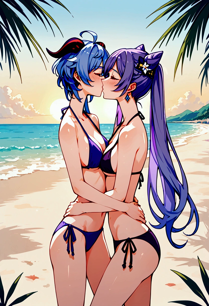 Genshin impact, 2 women, Yuri, purple hair keqing, ganyu, looking at each other, romantic kiss, blushing, bikini, beach, NSFW, ecchi 