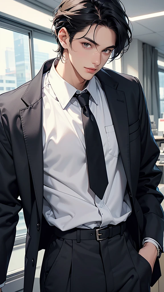 Please draw a handsome man in his 20s. He has a sharp jawline and high cheekbones, with large, shining eyes and a charming smile. His hair is medium to short in length, naturally black or dark brown, styled slightly tousled. He has a lean but muscular build, appropriately toned and fit.
His fashion is modern and refined, but he wears no accessories. He is a regular office worker in his 20s. On weekdays, he wears suits or business casual attire, including jackets, shirts, and slacks. On weekends, he enjoys a simple casual style. He has a clean and confident appearance.
