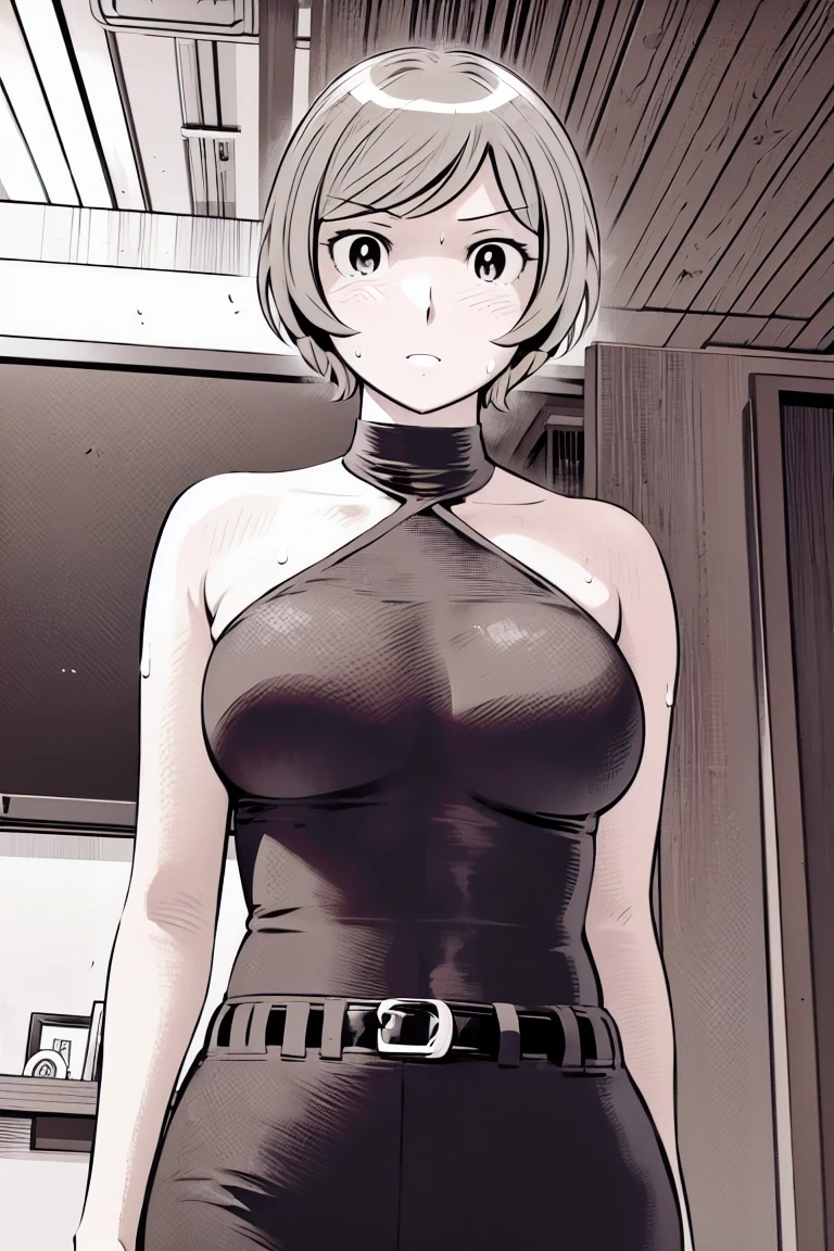 、(masterpiece、Highest quality)、Highest quality, Ultra-high resolution, (((masterpiece))), alone, Sweat、Big eyes,Tight black shirt、Tight white pants、belt、indoor、Composition from the front、(Cut the back hair short、short hair、blonde、woman)、Shortcuts、Embarrassed face、Cut your hair short、可愛いwomanの子、Big Breasts、Inside the room、Full Color、Baseball uniform