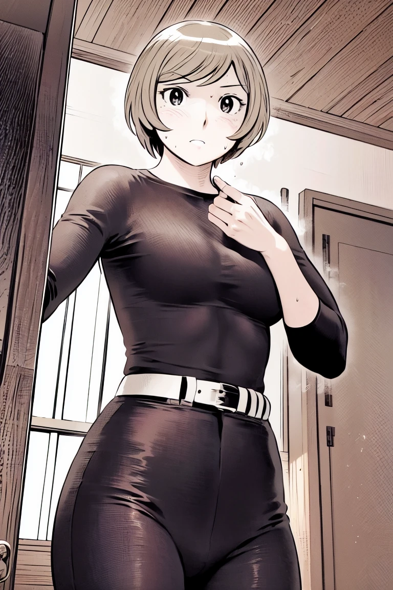 、(masterpiece、Highest quality)、Highest quality, Ultra-high resolution, (((masterpiece))), alone, Sweat、Big eyes,Tight black shirt、Tight white pants、belt、indoor、Composition from the front、(Cut the back hair short、short hair、blonde、woman)、Shortcuts、Embarrassed face、Cut your hair short、可愛いwomanの子、Big Breasts、Inside the room、Full Color、Baseball uniform
