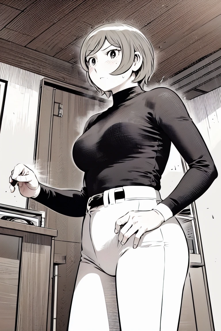、(masterpiece、Highest quality)、Highest quality, Ultra-high resolution, (((masterpiece))), alone, Sweat、Big eyes,Tight black shirt、Tight white pants、belt、indoor、Composition from the front、(Cut the back hair short、short hair、blonde、woman)、Shortcuts、Embarrassed face、Cut your hair short、可愛いwomanの子、Big Breasts、Inside the room、Full Color、Baseball uniform