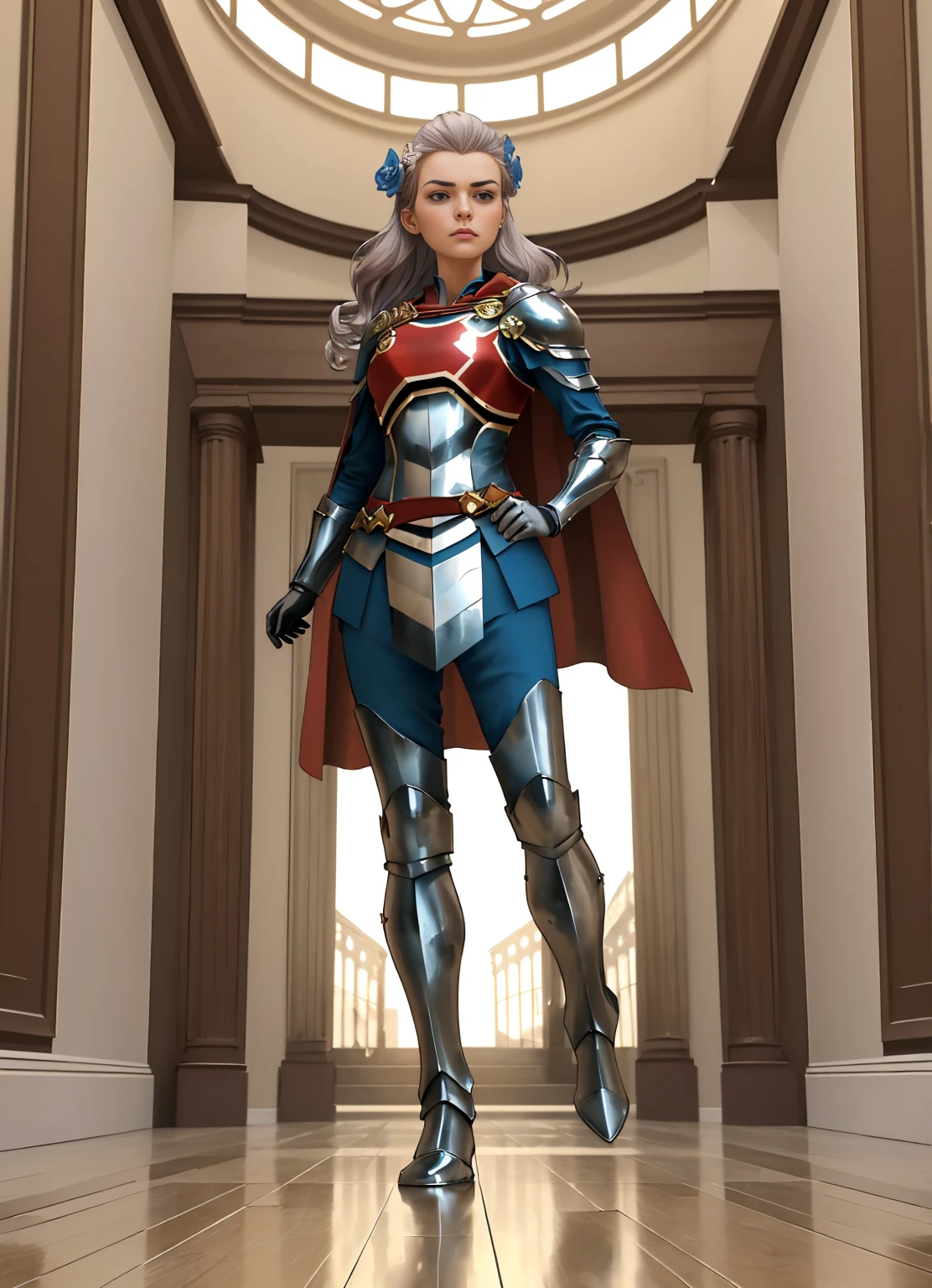 ((Full body photo, standing, feet on the floor)) beautiful, (masterpiece:1.2), (best quality:1.2),pov, from below, 1girl, captainB, energy sword, shoulder armor, breastplate, union jack, cape, gloves, stoic, hair flower, looking at viewer, planted sword, foreshortening, depth, blurry background, 