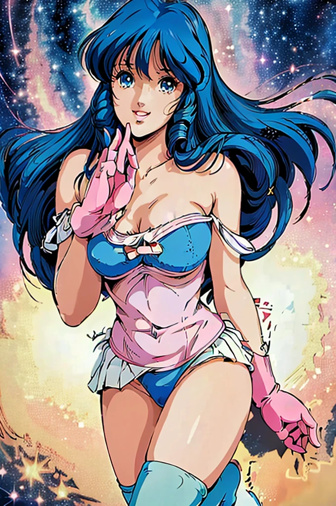((((Masterpiece ,Best Quality, Highest quality realistic retro anime......)))),(((lynn minmay))), blue dress, top wo nerae!, 1 girl, alone, ((hyper realistic long blue fur)), looking at the viewer, SMILE, Hits,shirt, ((Very detailed and realistic light blue eyes.)), Closed mouth, blue fur,, lips, separate blows, eyelashes, make up, light SMILE, lipstick, portrait, close up, ((retro Best Quality, Hyperrealistic art of the highest qualityStyle)), 1980s ,fine blue hair with very real details))exterior,((lynnminmay,1 girl,Alone,black fur, idol,one piece swimsuit , Pink Leotard,off the shoulder, pink gloves, pink bow at the waist, White mini skirt, pink boots, standing,whole body, starry_sky)), eyelashes, make up, light SMILE, lipstick, portrait, close up, ((retro Best Quality, Hyperrealistic art of the highest qualityStyle)), 1980s (realistic style)