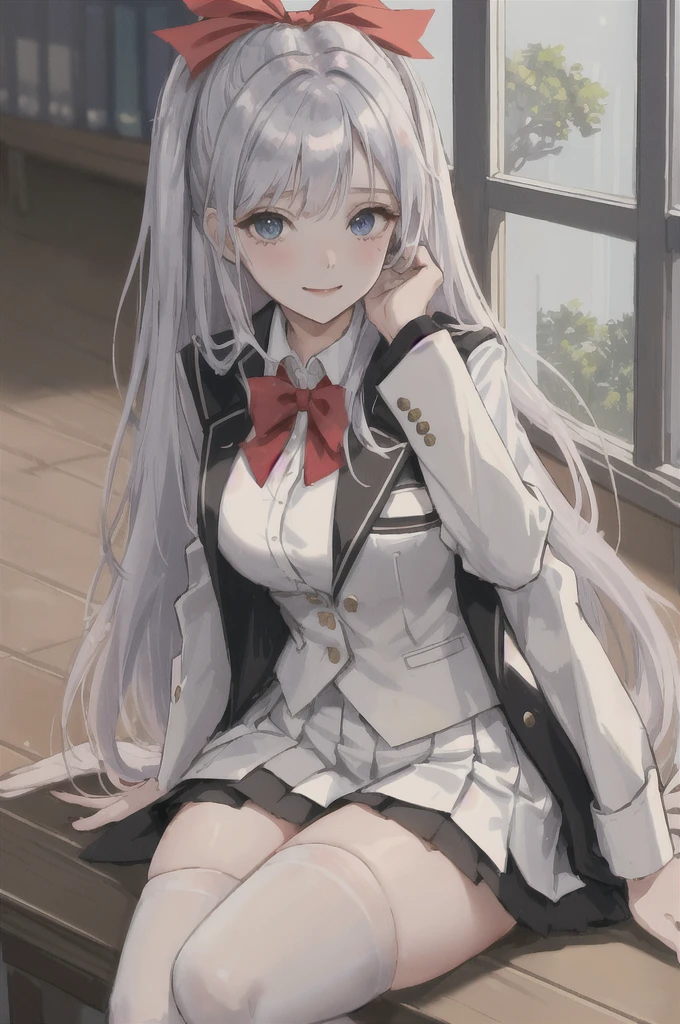 score_9, score_8_up, score_7_up, score_6_up, score_5_up, score_4_up, source_anime, anime screencap, uncensored, 1girl, solo,zPDXL,
anime screencap,AlisaMikhailovnaKujou,silver hair,ahoge,long hair,one red hairribbon,blue eyes,
BREAK
school_uniform,jacket,black vest, white_thighhighs, white panties,
from below, pov, feet, stepped on, smile, heavy blush, half closed eye, smug,
classroom, Daytime,
(Beautiful, medium Breasts:1.2), natural breasts, sitting,