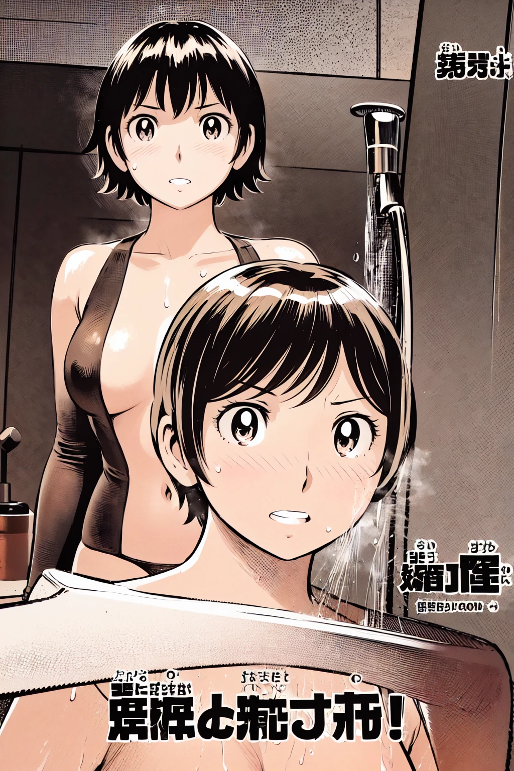 、(masterpiece、Highest quality)、Highest quality, Ultra-high resolution, (((masterpiece))), alone, Sweat、Big eyes, Composition from the front、Shortcuts、Embarrassed face、Bronze colored hair、Cut the back hair short、Bathroom、Shower scene、 Expose、Completely naked、pubic hair、belly button、Large areola、Nipples、short hair