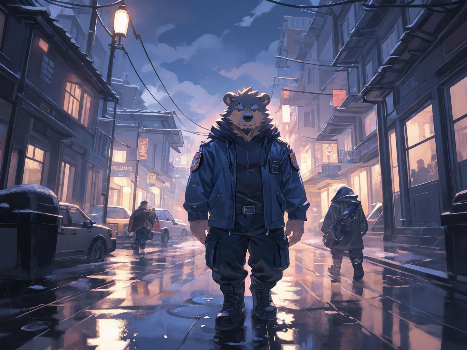 (masterpiece:1.2), best quality,pixiv,official art,perfect anatomy, (Ray tracing, light),solo, (1_male:1.3) , (muscle), (grey fur:1.4), (muscle bear), (beard:1.2), (gleaming golden eyes), bear tail, full body, Thick black eyebrows,(open hooded parka), (naked inside), (cargo pants:1.2), boots , rainy day, fog , wet body , storm, black cloud, city, (plaza:1.2), (empty space:1.1) , unhappy