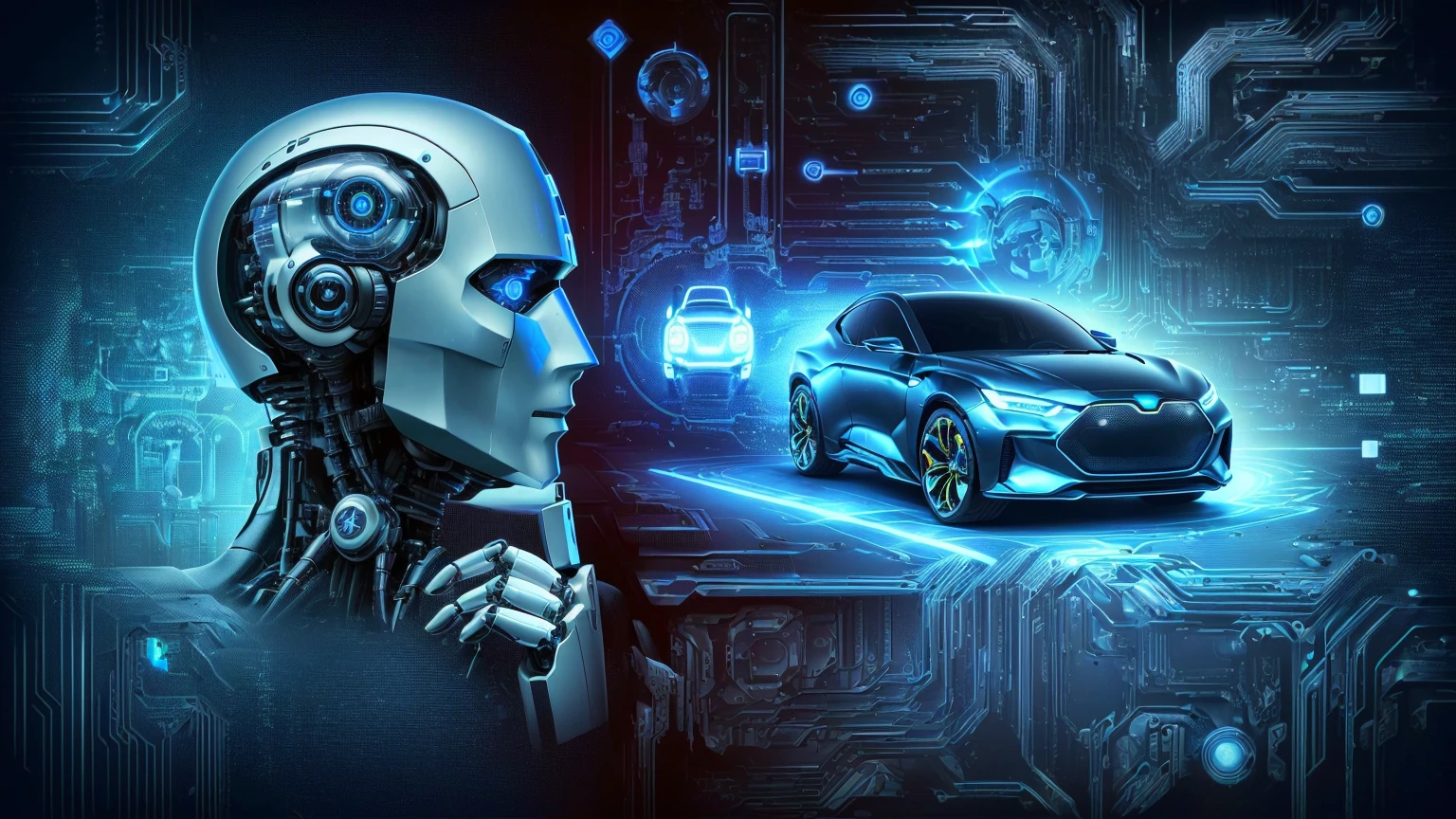 arafed image of a robot and a car with a circuit in the background, humanoid car head, futuristic cars and mecha robots, strong artificial intelligence, artificial intelligence, future technology, automotive, integrated synthetic android, generative technology, car with holographic paint, artificial intelligence!!, with ai theme, endless collaboration with ai, automotive design art