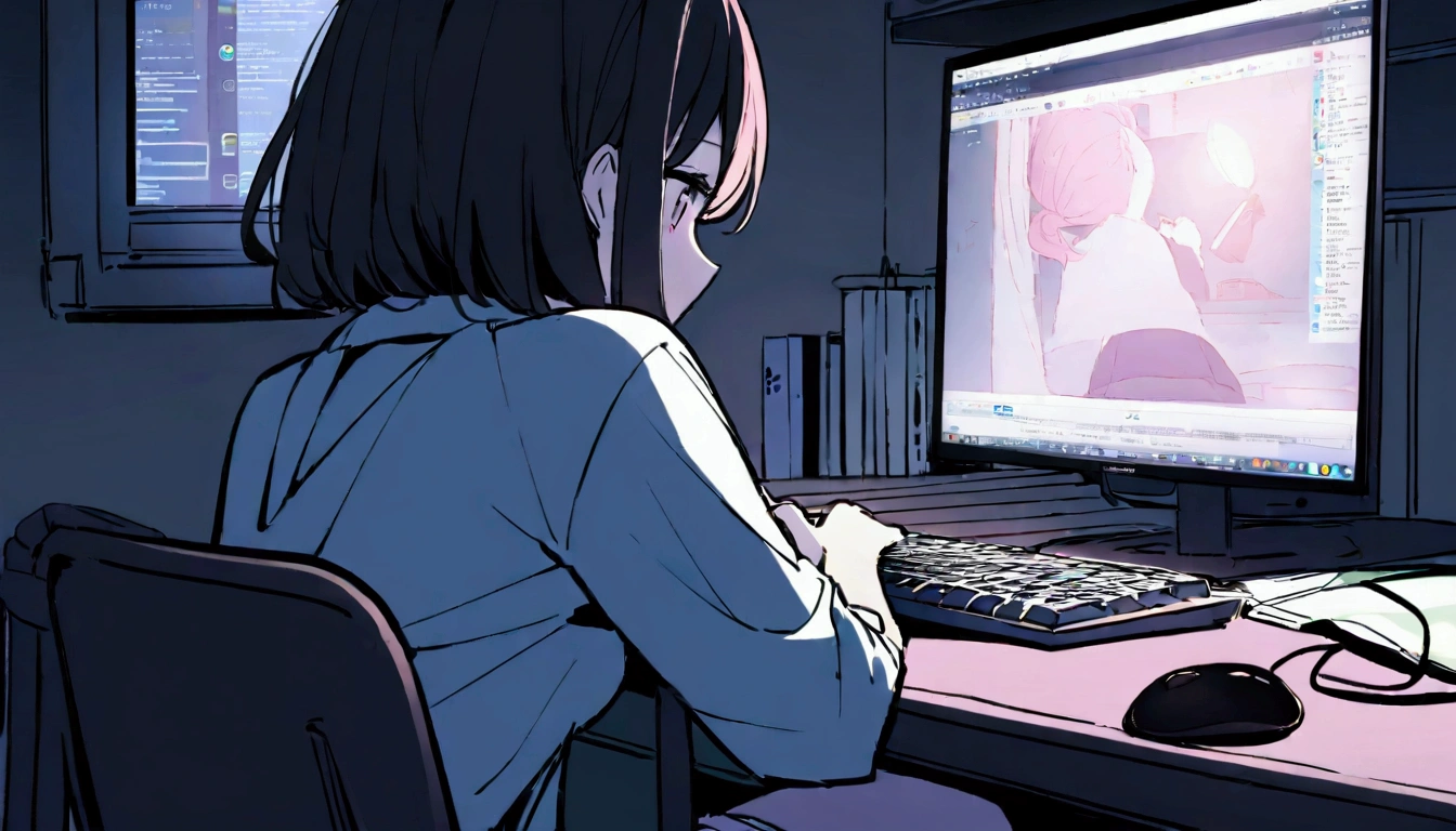 anime、日本anime、A female programmer in her 20s、Draw a scene where you are working in your room at home。She has a short hairstyle、Concentrating and staring at the computer screen。The room is dark because it&#39;s night.、keyboard on the desk、mouse、There are also several programming related books.。In the background of the room、I can see the moonlight and city lights from the small window.、Soft light from a desk lamp illuminates her workspace.。This illustration、It expresses the atmosphere of a woman immersed in coding alone on a quiet and calm night.。