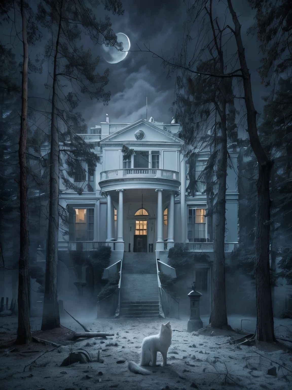 (highest quality:1.2, masterpiece), 8K, Professional Lighting, Cinematic Lighting, RAW Photos, Ultra-realistic photos, hyper detailed portrait, Dogs, (((white mansion shaped alike White House in U.S., white mansion with no lights on, surrounded by dead trees, ultra realistic exterior of white spooky mansion without lights on, in deep spooky forest, ultra detailed exterior of spooky mansion in deep spooky forest, dark atmosphere, mansion in gloomy forest, realistic fog, detailed mist))), (((((night atmosphere, mid night forest view, moon in cloud))))), 