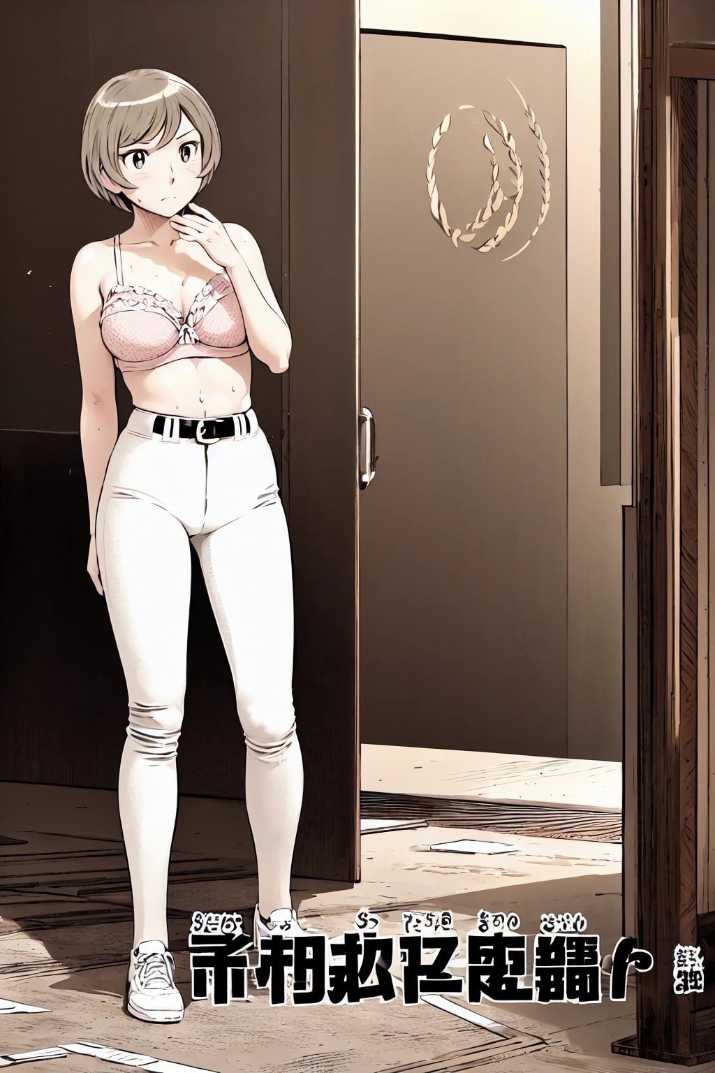 (Baseball uniforms:1.2),
blonde, (short hair:1.2),White trousers、Black belt、((Illustration of people))、Tube top bra、
View your viewers,, (Highest quality:1.3), White pants、Outdoor、baseball ground、ground、soil、blue eyeasterpiece、Highest quality)、Highest quality, Ultra-high resolution, (((masterpiece))), alone, Sweat、Big eyes、Large breasts、Torn clothes、 Fully exposed、Nipples、One Girl, Front view、Embarrassed face、Bronze colored hair、((short hair))、Stand up straight、Cowboy Shot