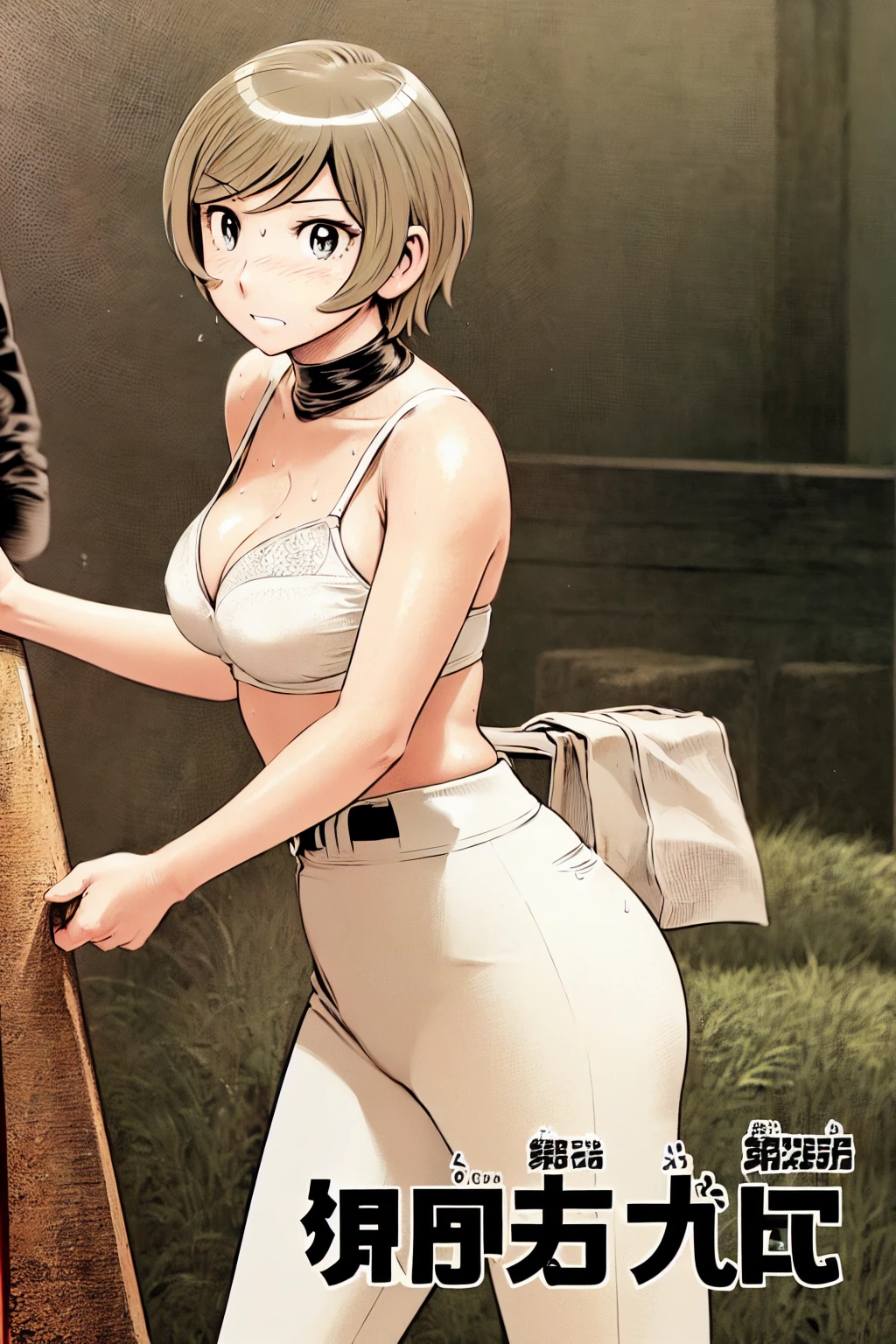 (Baseball uniforms:1.2),
blonde, (short hair:1.2),White trousers、Black belt、((Illustration of people))、Tube top bra、
View your viewers,, (Highest quality:1.3), White pants、Outdoor、baseball ground、ground、soil、blue eyeasterpiece、Highest quality)、Highest quality, Ultra-high resolution, (((masterpiece))), alone, Sweat、Big eyes、Large breasts、Torn clothes、 Fully exposed、Nipples、One Girl, Front view、Embarrassed face、Bronze colored hair、((short hair))、Stand up straight、Cowboy Shot