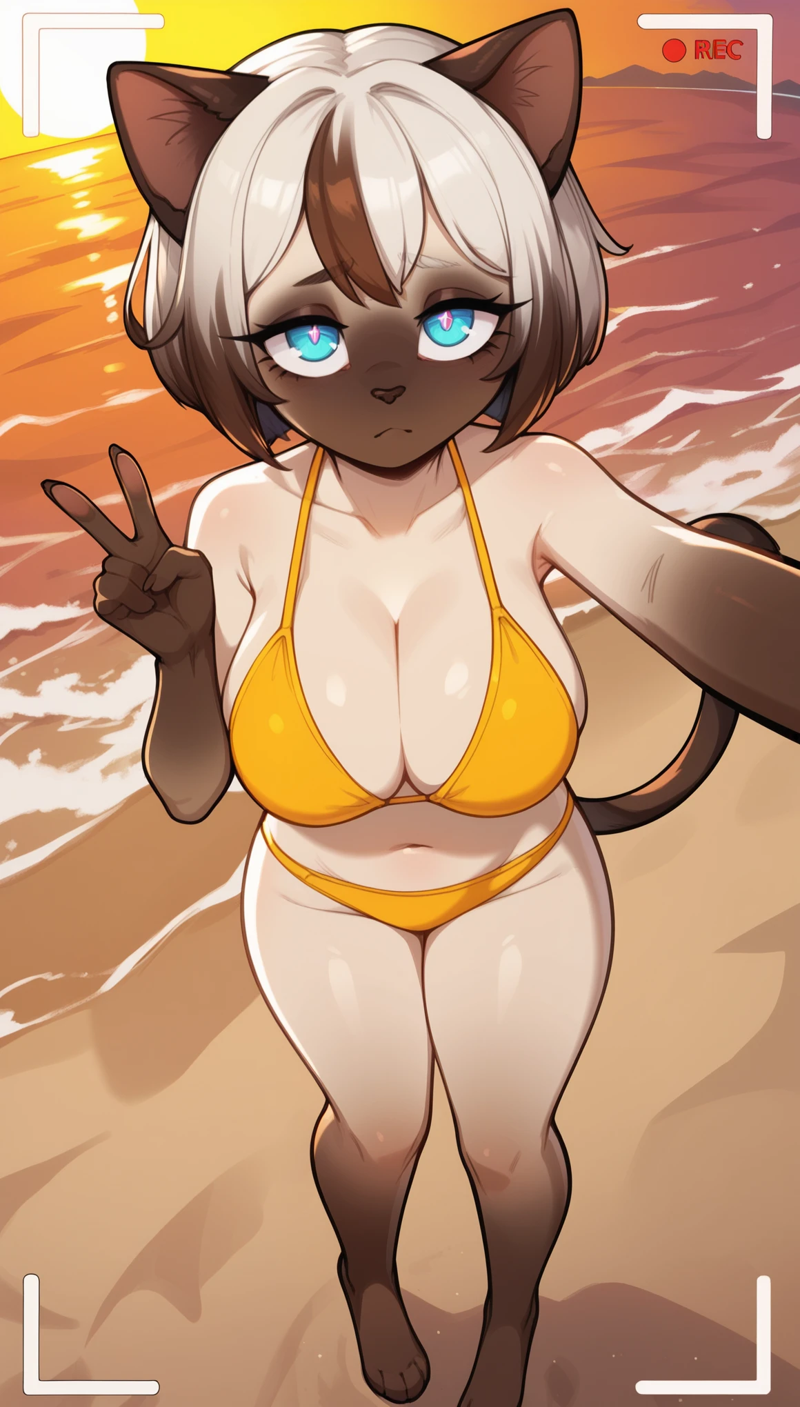 tired expression, 1girl, anthro, furry, fur, fluffy fur, siamese cat, cat girl, white hair (brown highlights), blue eyes, short hair, full body, (19 years), big breast, thicc thighs, solo, (beach), sunset, half-closed eyes, detailed, yellow bikini, depressed, sad, sunset, selfie angle, high angle camera, making the peace sign with one hand, ((baggy eyes)), score_9, score_8_up, score_7_up, score_6_up, score_5_up, score_4_up