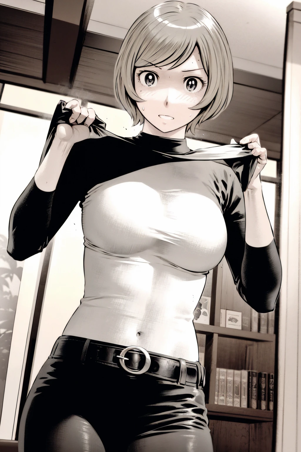 (野球uniform:1.2),
Blonde Hair, (short hair:1.2),Long sleeve, Black Shirt, turtleneck,White trousers、uniform、Black belt、((Illustration of people))、Big Boobs、
View Audience,, (Highest quality:1.3),One Girl, White pants、uniform、Outdoor、baseball ground、ground、soil、blue eyes、Tight black shirt、(masterpiece、Highest quality)、Highest quality, Ultra-high resolution, (((masterpiece))), alone, Sweat、Big eyes、Big Breasts、One Girl, Front view、Embarrassed face、Bronze colored hair、((short hair))、Stand up straight