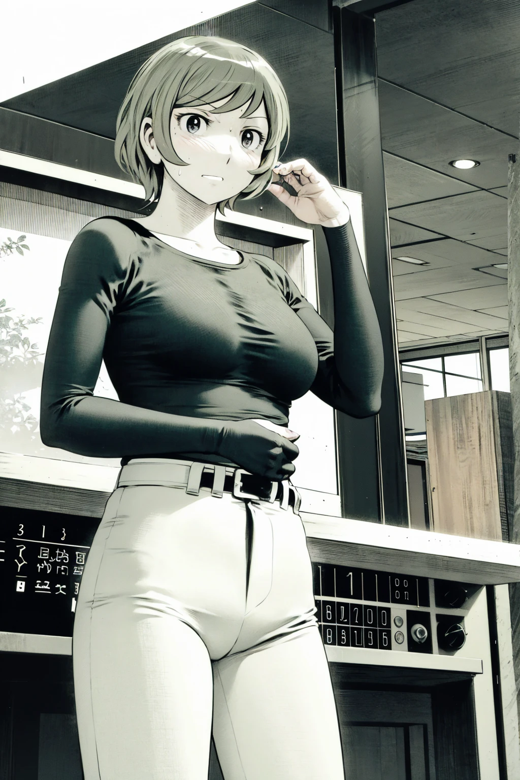 、(masterpiece、Highest quality)、Highest quality, Ultra-high resolution, (((masterpiece))), alone, Sweat、Big eyes,Tight black shirt、Tight white pants、belt、indoor、Composition from the front、(後ろCut your hair short、short hair、blonde、woman)、Shortcuts、Embarrassed face、Cut your hair short、可愛いwomanの子、Big Breasts、office