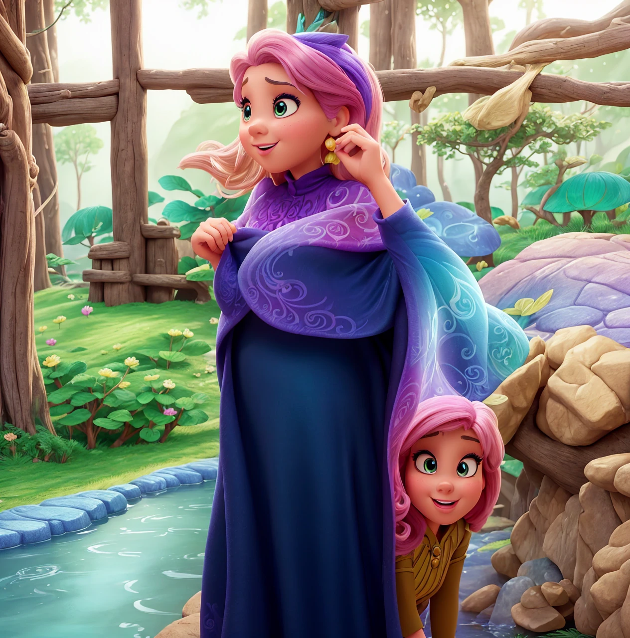 Turn this photo into a Disney-style cartoon, highlighting features such as vibrant colors, soft features and captivating facial expressions. Keep the essence of the person in the photo, enhancing your personality with a touch of magic and fantasy typical of Disney films. Ensure the end result is enchanting and capable of capturing the imagination, as if it were a scene from a Disney animated classic."