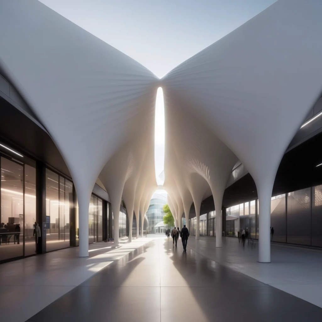 People walk past a building with white arches, by Zha Shibiao, inspired by Zha Shibiao, foster and partners, Web portals. Zaha Hadid, in style of Zaha Hadid architect, Zaha Hadid octane highly render, in style of Zaha Hadid, Zaha Hadid style architecture, 受到Zaha Hadid的启发, Zaha Hadid architecture, norman foster style,Smooth surface,No lines or wrinkles on the surface,Membrane structure