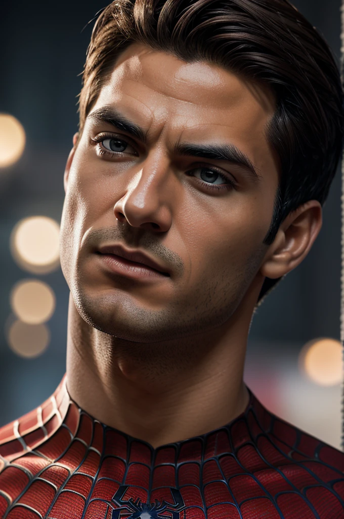 A photograph of Spider-Man., sin mascara, the 20s, elegant, detailed face, looking to the camera, portrait, 8k hd, high quality