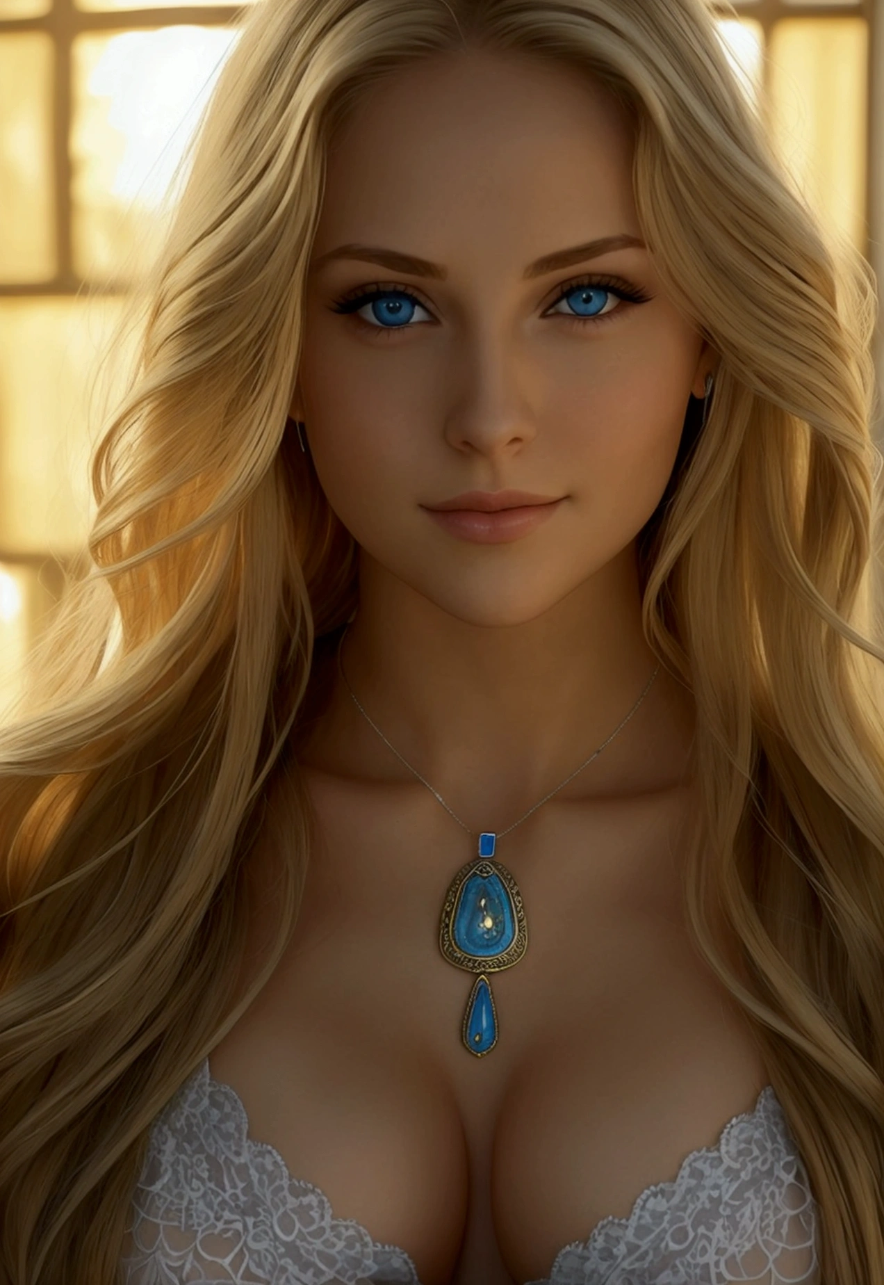 Anastasia had long, blonde hair, deep blue eyes that reflected his intelligence and determination. She had fair skin, voluptuous body and an upright posture that conveyed confidence. Anastasia always wore a necklace with a pendant that belonged to her mother., a symbol of their commitment to the fight against tyranny. Showing the entire body with the left arm behind the head, medium breasts, thick legs displayed in the dawn light