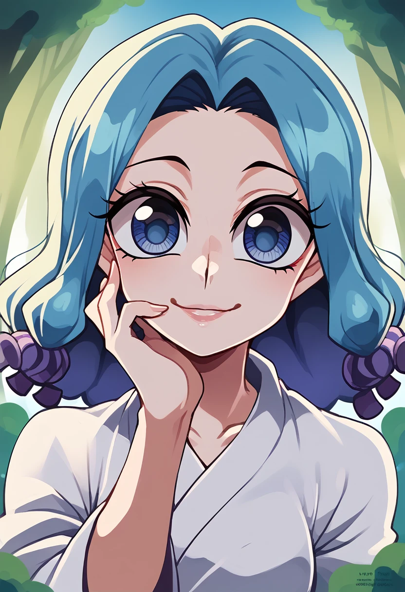 a cartoon character from Demon Slayer, 1girl, beautiful detailed eyes, beautiful detailed lips, extremely cute, smile cute, black and BLUE hair, BLUE Eyes,  usando uma saia, e vestindo um Haori branco, olhos azuis oceano, fundo de dia, background light day Forest. 