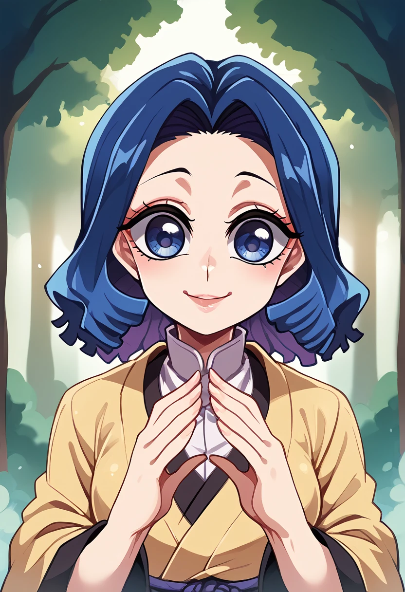 a cartoon character from Demon Slayer, 1girl, beautiful detailed eyes, beautiful detailed lips, extremely cute, smile cute, black and BLUE hair, BLUE Eyes,  usando uma saia, e vestindo um Haori branco, olhos azuis oceano, fundo de dia, background light day Forest. 