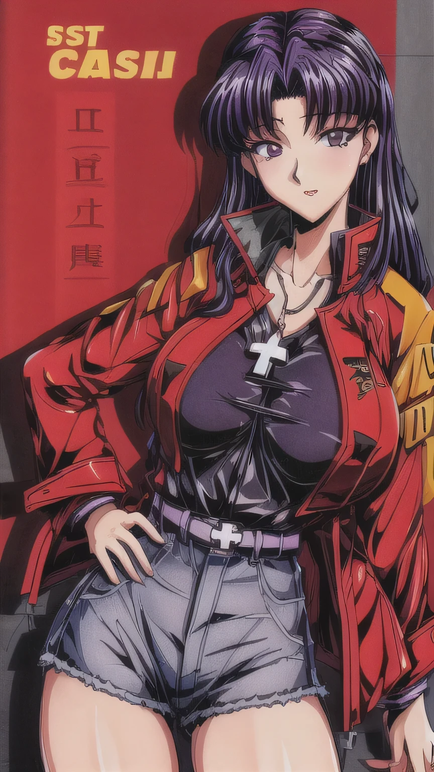 Katsuragi_misato, huge ass_breastsout, standing, standing alone, misato_Cross up_necklase, blackw_pencil_don_Cao Cao_collared_rot_jaket, work of art, best qualityer, face detailed, detailedeyes, Cao Caores,