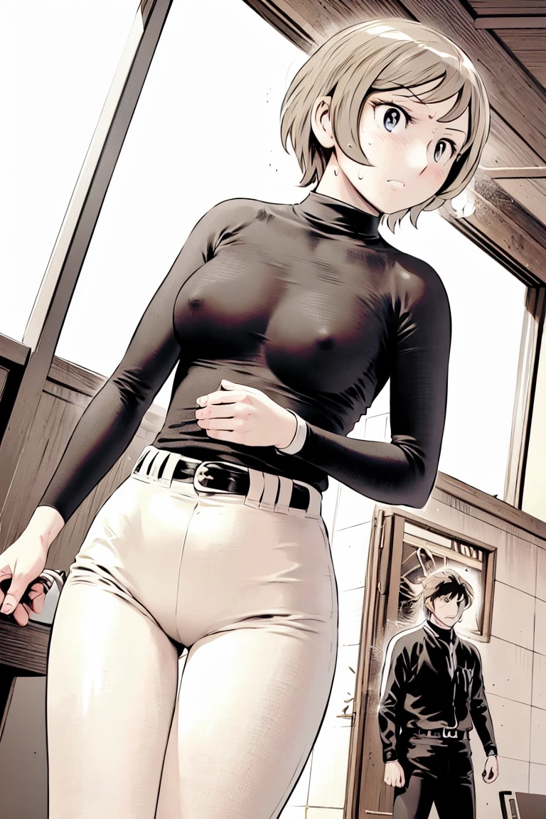 (野球uniform:1.2),
blonde, (short hair:1.2),Long sleeve, Black Shirt, turtleneck,White trousers、uniform、Black belt、((Illustration of people))、big 、Covered in mud、Soil stains、ドロドロのuniform、
View your viewers,, (Highest quality:1.3),One Girl, White pants、uniform、Outdoor、baseball ground、ground、soil、blue eyes、Tight black shirt、(masterpiece、Highest quality)、Highest quality, Ultra-high resolution, (((masterpiece))), alone, Sweat、big eyes、big Breasts、Torn clothes、 Fully exposed、Nipples、One Girl, Front view、Embarrassed face、Bronze colored hair、((short hair))、Stand up straight、Cowboy Shot