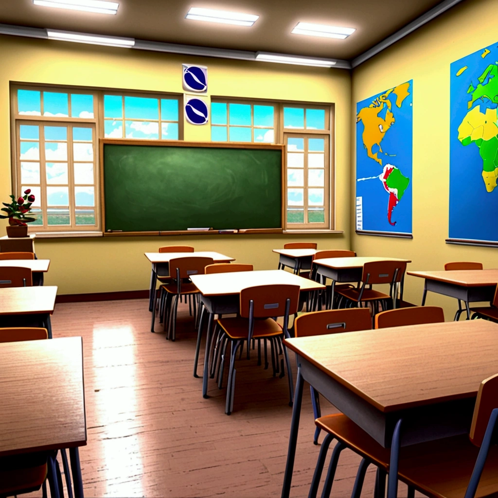 The teacher with her mouth open , with the classroom background.