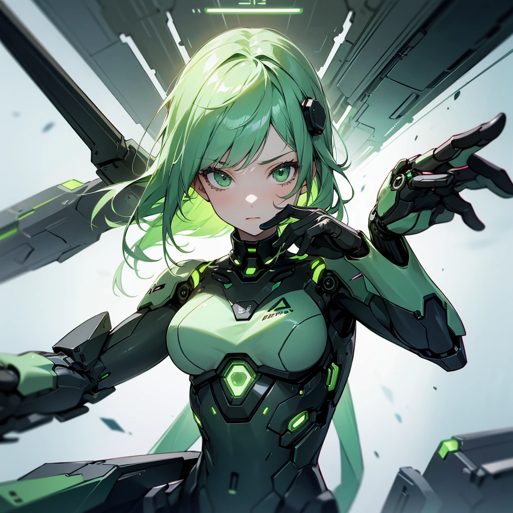 girl falling in a binary abyss, numbers, green hair, robotic parts, futuristic, green eyes