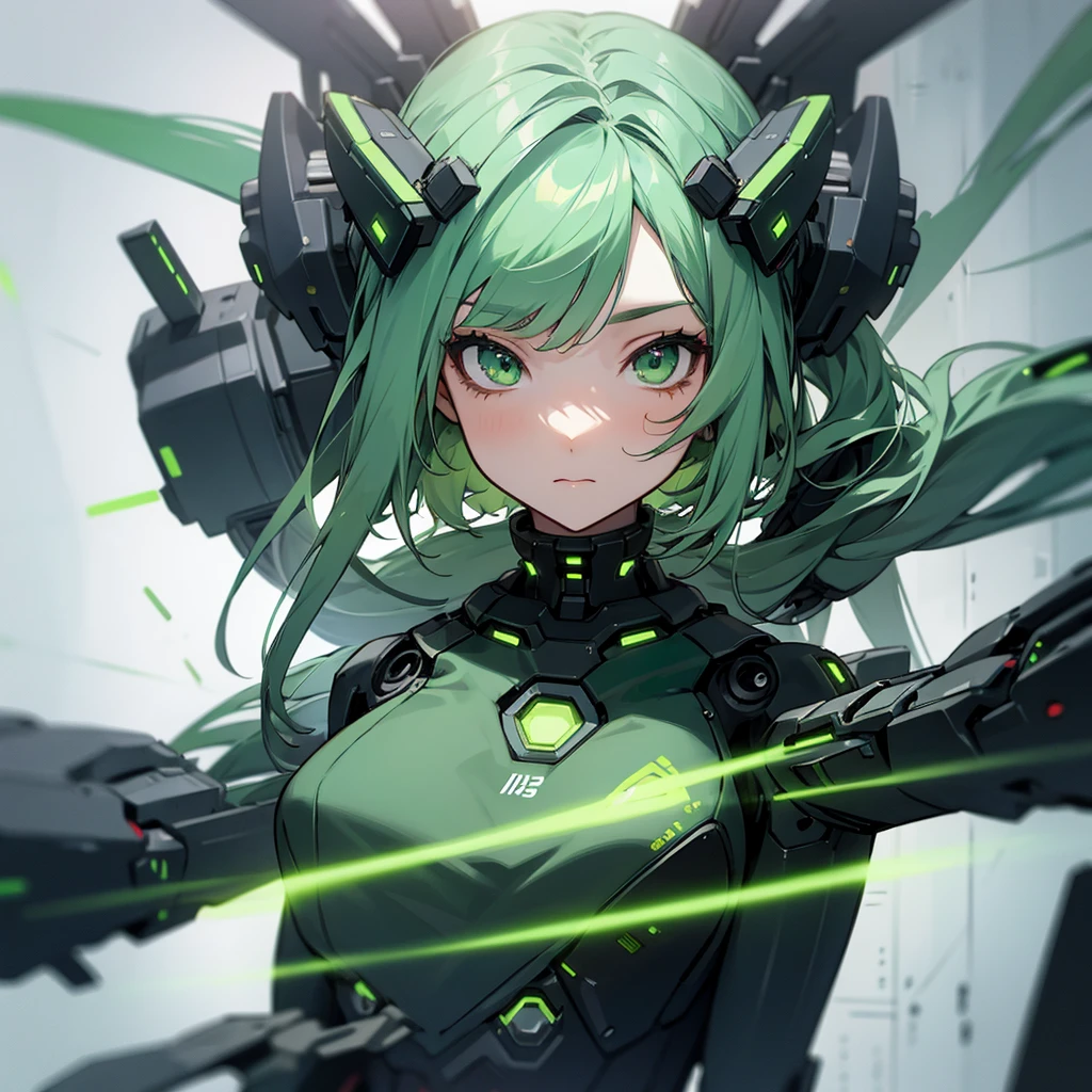 girl falling in a binary abyss, numbers, green hair, robotic parts, futuristic, green eyes