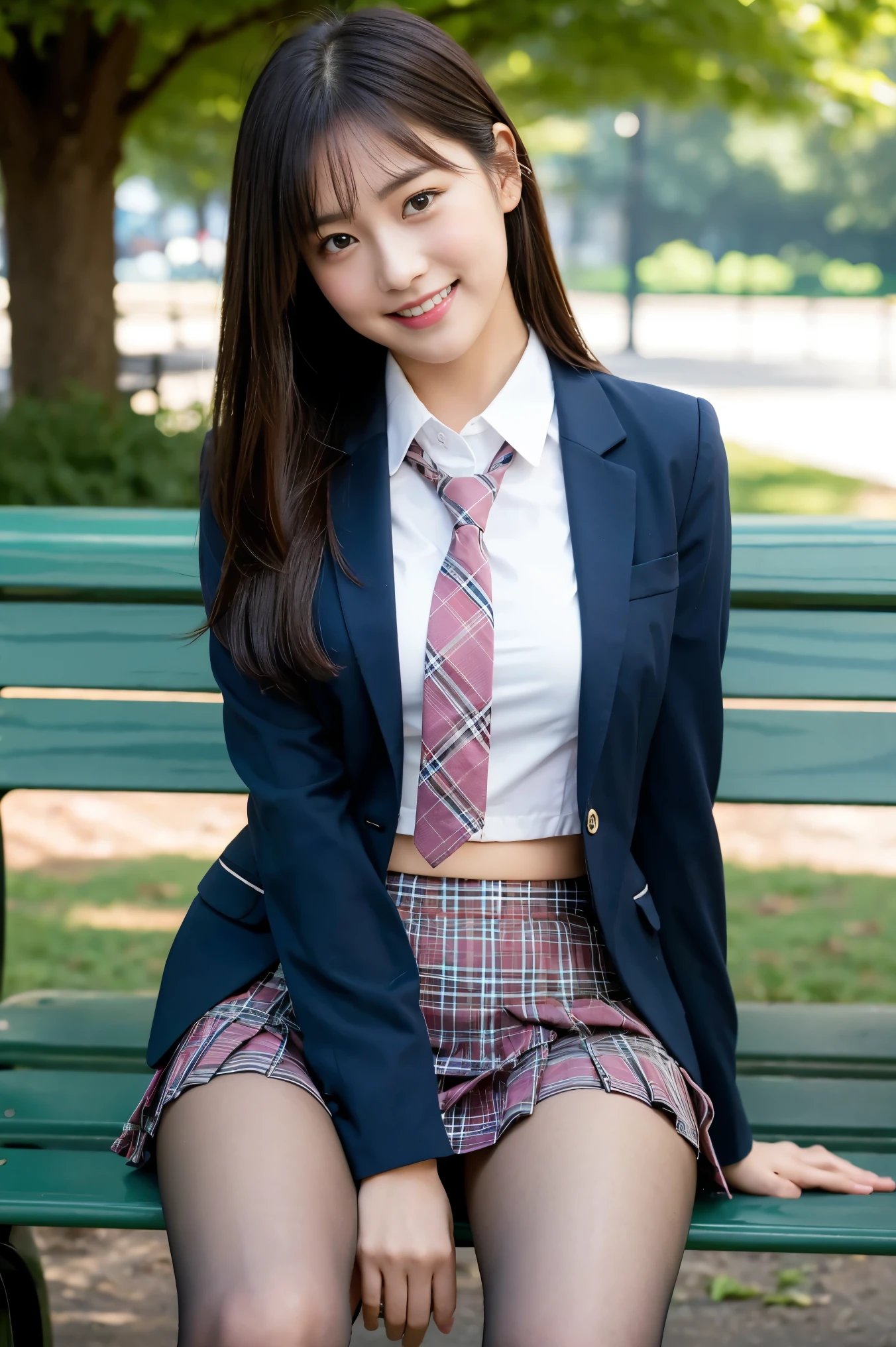(8K), (highest quality: 1.2), (Realistic), (Realistic: 1.37), Ultra-high resolution, 1 girl, cute, (Embarrassed smile:1.2), (Blushing:1.4),Mouth closed, Beautiful details, Beautiful Nose, black straight Hair, giant dulcefo, pork, Thighs,Navel exposed,University Student Uniform,A simple blazer,Pleated skirt,(The skirt and tie are tartan check pattern.:1.3),Platform boots, (sitting on a park bench:1.2),(Shiny Thighs:1.2), medium shot